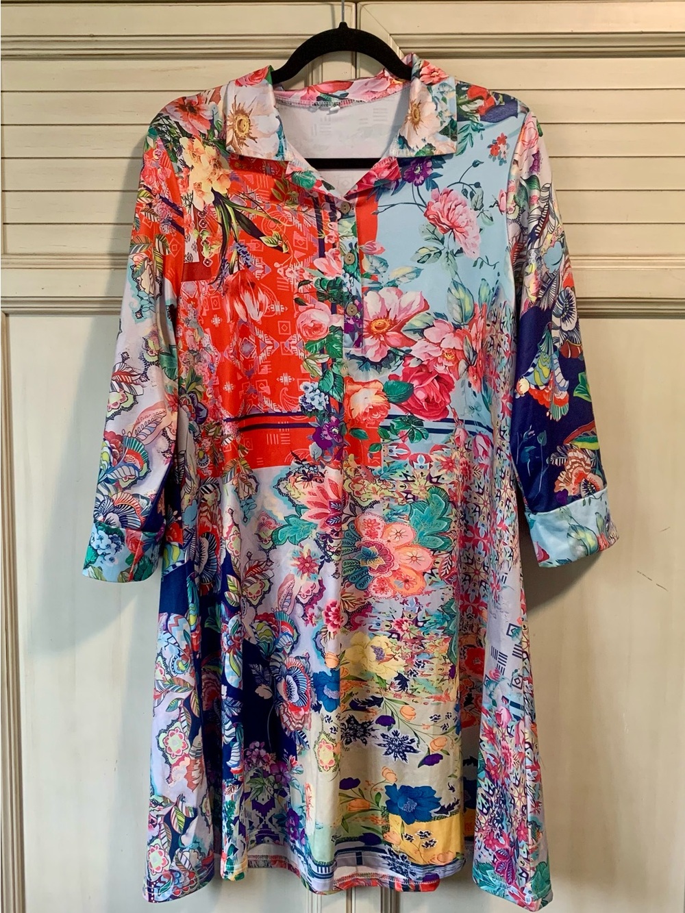 Asian Print Bohemian Floral Button Up Polo Dress